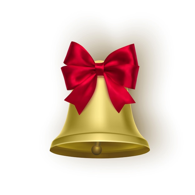 Золотой металлический колокольчик с красным бантом на белом фоне Символ Рождества Школьный звонок Винтажный звонок 3D-эффект Векторная иллюстрация