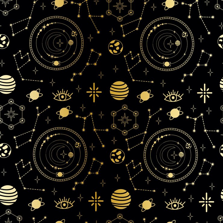 Vector golden metallic space solar system, stars, moon on black background vector pattern for fabric, print