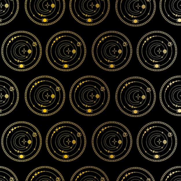 Golden metallic space solar system stars moon on black background vector pattern for fabric printing