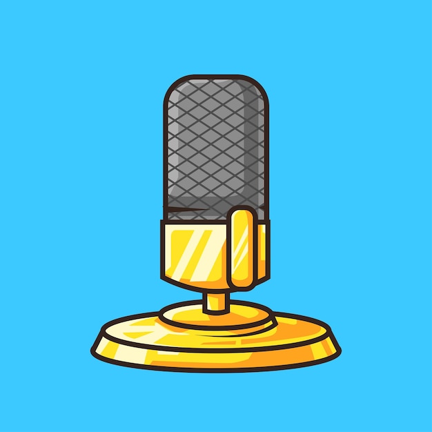 Vector golden microphone in colourful cartoon line art illustration