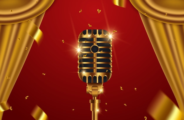 Vector golden microphone with curtains on red stage background