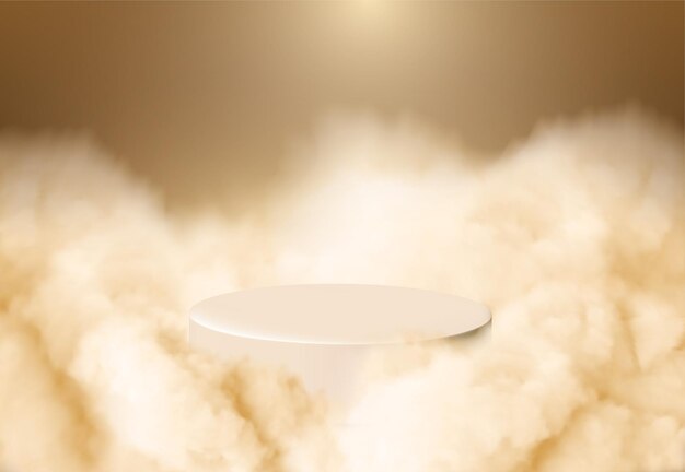 Vector golden minimal podium product pedestal on yellow background with clouds