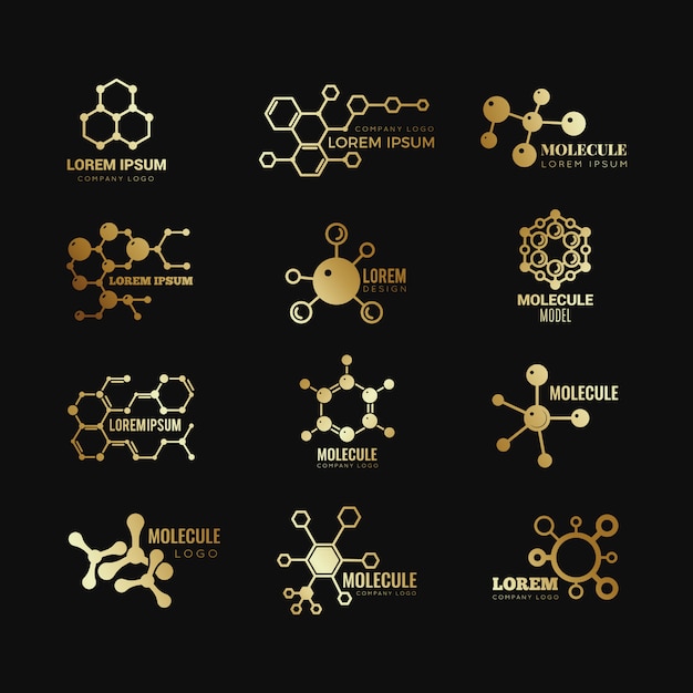 Golden molecular logotypes. Evolution concept formula chemistry genetic technology icons set