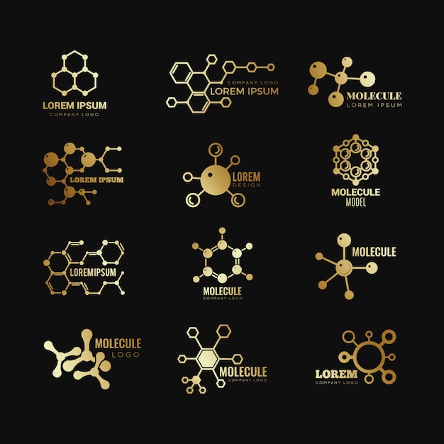 Золотые молекулярные логотипы. эволюция концепции формула химия генетические технологии иконки