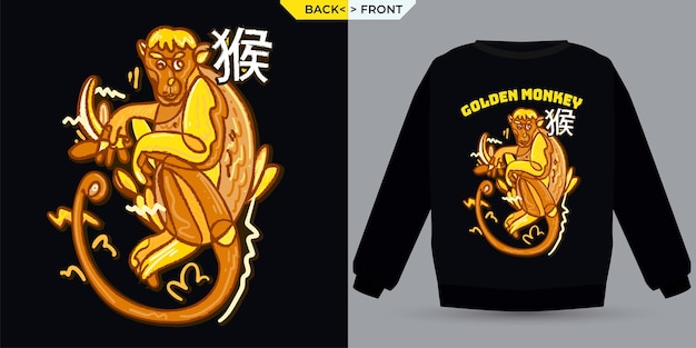 Vector golden monkey with brush style shown in a shirt mock up