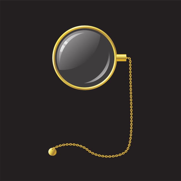 Golden monocle with a chain - modern vector realistic isolated object illustration on black background. use this high quality clip art for presentations, banners and flyers. stylish eye-glass