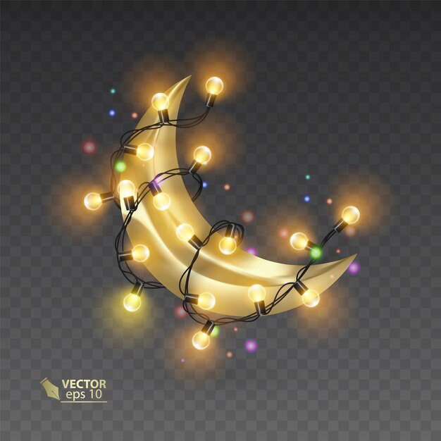 Golden month surrounded by a shiny garlands, magic illustration on dark background,