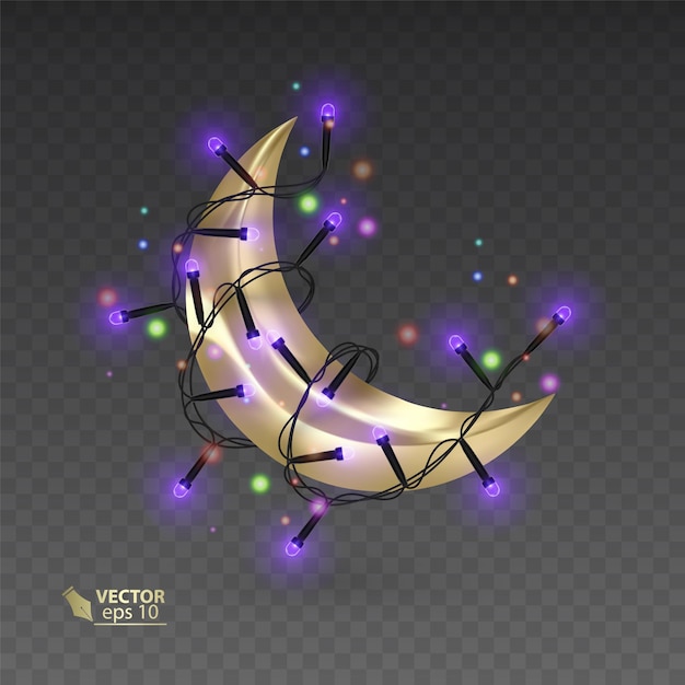 Vector golden month surrounded by a shiny garlands, magic illustration on dark background,