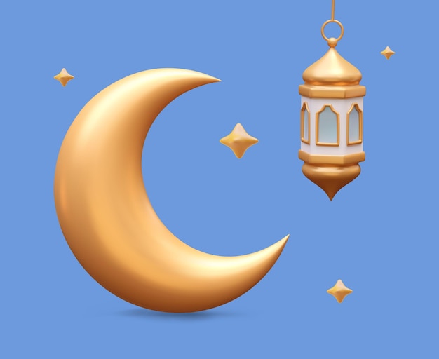 Golden moon and suspended lantern on blue background