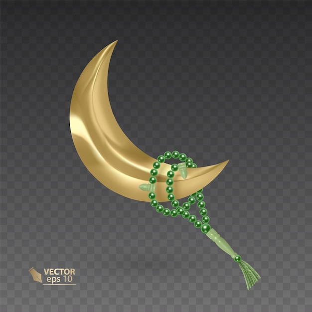 Golden, muslim month surrounded by a rosary, Realistic Prayer beads hanging on the Golden moon,   illustration on dark background