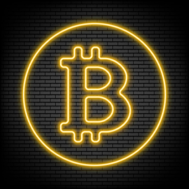 Vettore bitcoin al neon dorato su sfondo di cipresso nero
