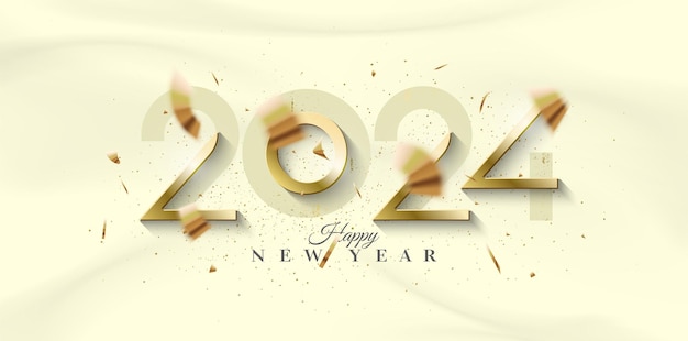 새해 복 많이 받으세요 2024 축하 번호가 있는 황금 번호 2024 포스터 배너 인사말 및 새해 복 많이 받으세요 2024 축하를 위한 프리미엄 벡터 디자인