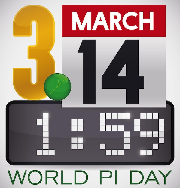 Golden number circle with diameter calendar and digital clock pointing the time for Pi Day celebra