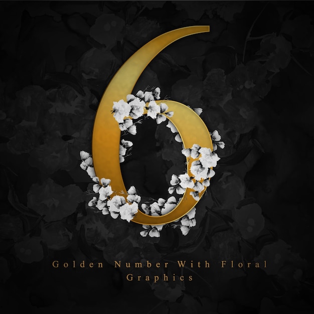 Golden Number six Watercolor Floral Background