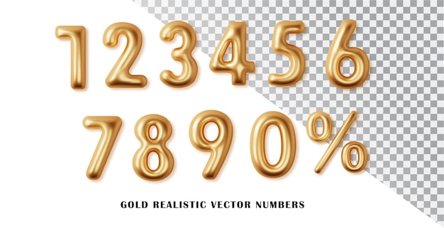 Golden numbers percentage notation with set 3d realistic metal golden number decoration for price off tag banner cover birthday or anniversary party invitation design