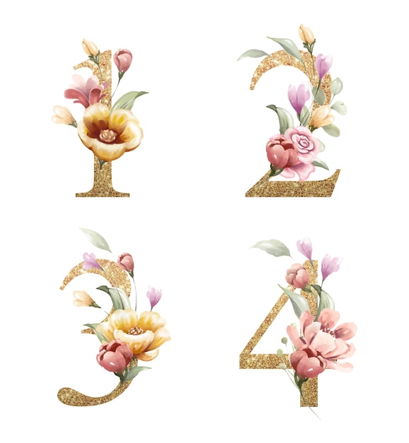 Vector golden numbers set of 1, 2, 3, 4, with flowers and leaves watercolor