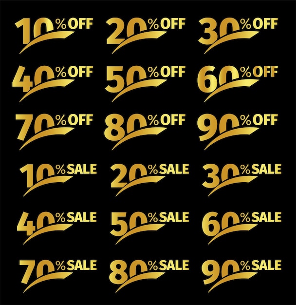 Golden numbers with percentage on a black background promotional business offer for buyers the number of discounts in the strict style gold color vector illustration set