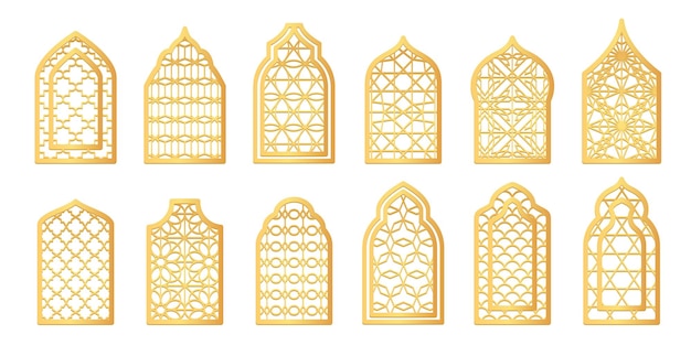 Golden ornament arabic windows Decorative arabian window with arabesque ornamental patterns islamic indian door or traditional oriental arches vector illustration of ornament arabic traditional icon