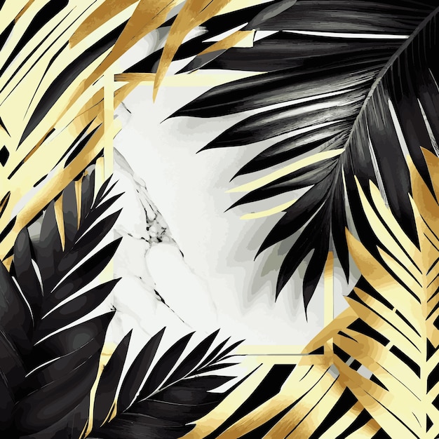 Vettore foglie di palma dorate su sfondo in marmo bianco e nero modello cartolina vettoriale
