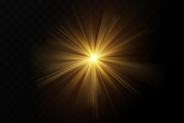 光の黄金の粒子。黄金の光。光のフレア。透明な背景に分離された星。