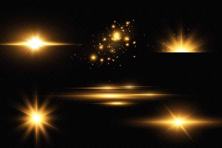 Golden particles of light. Golden light. Light flare.Stars isolated on transparent background.