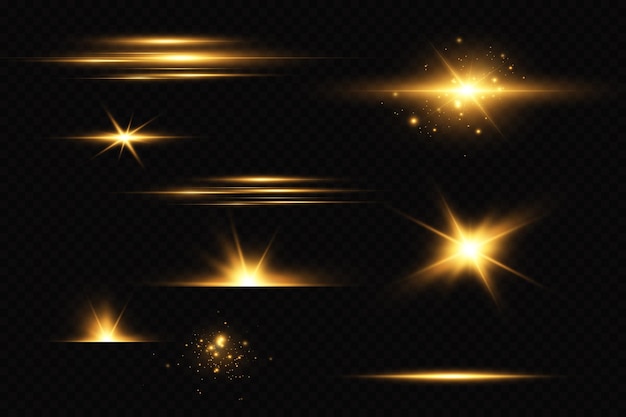 Golden particles of light. Golden light. Light flare.Stars isolated on transparent background.