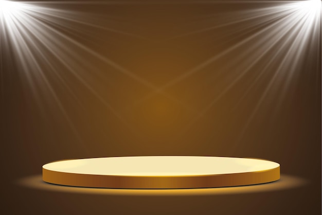 Golden podium with a spotlight on a dark background the first place fame and popularity Vector illustration