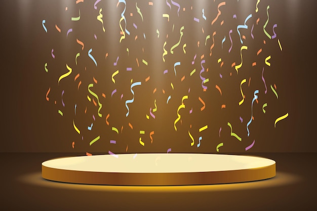 Golden podium with a spotlight on a dark background with fog and confetti the first place fame and popularity Vector illustration