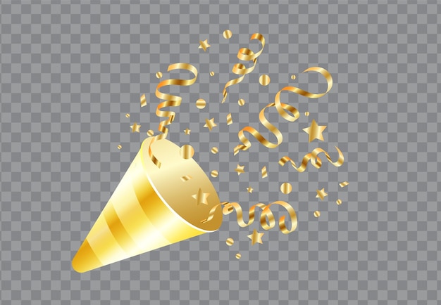 Golden poperty confetti ribbon serpentine on transparent background Decorative element of holiday