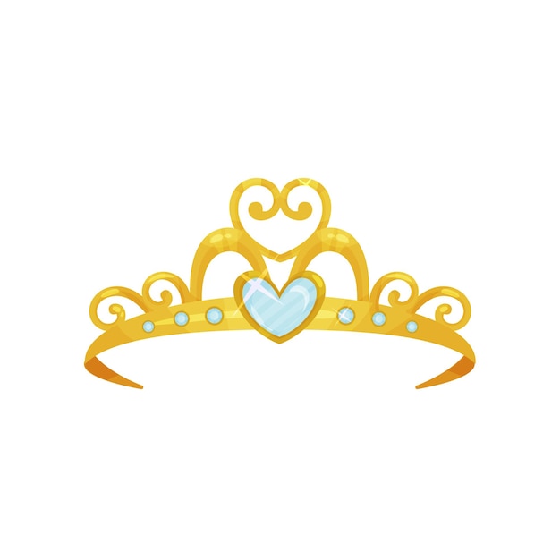 Вектор Золотая тиара принцессы красивая корона королевы, украшенная шестью голубыми маленькими драгоценными камнями и одним большим драгоценным камнем в форме сердца драгоценный аксессуар для головы плоский векторный дизайн