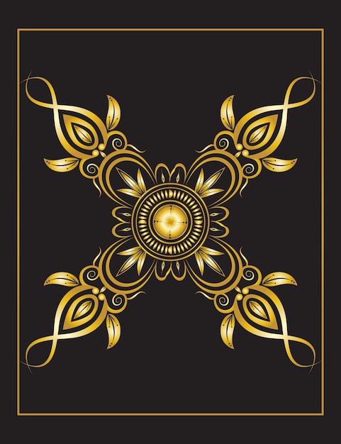 金色の四重奏の装飾的な花のデザインベクトルを黒い背景に