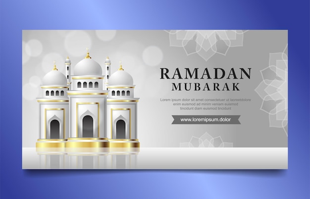 Golden Ramadan kareem horizontal banner with gray mosque