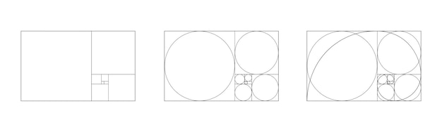 Golden ratio icons set Rectangle frame fracted on squares circles and with logarithmic spiral