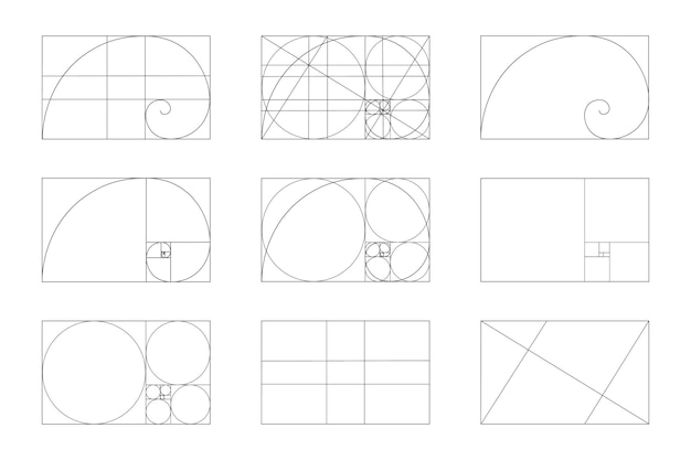 벡터 황금 비율 템플릿 세트 피보나치 시퀀스 기호 사각형 프레임의 로그 나선형