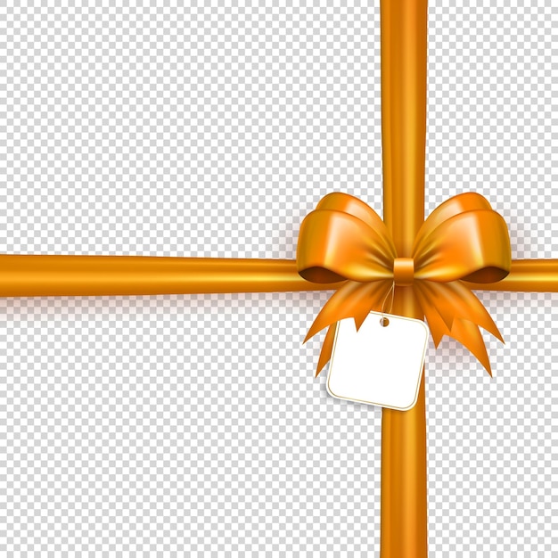Golden realistic 3d bow knot with crossed ribbon and paper label tag on transparent background