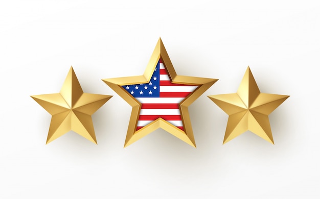 Vector golden realistic 3d star with american flag isolated on white