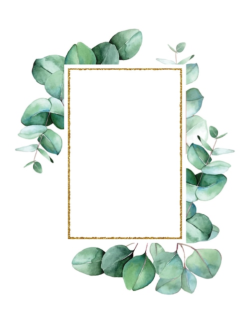 Vector golden rectangular frame with green eucalyptus leaves watercolor drawing clipart