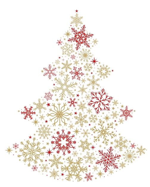 Golden and red snowflake Christmas tree on white background Christmas vector card