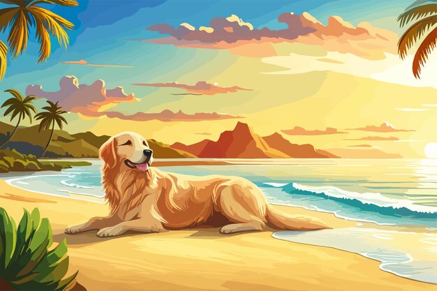 Vector golden retriever dog is on summer vacation at seaside resort and rests relaxing on the sandy beach