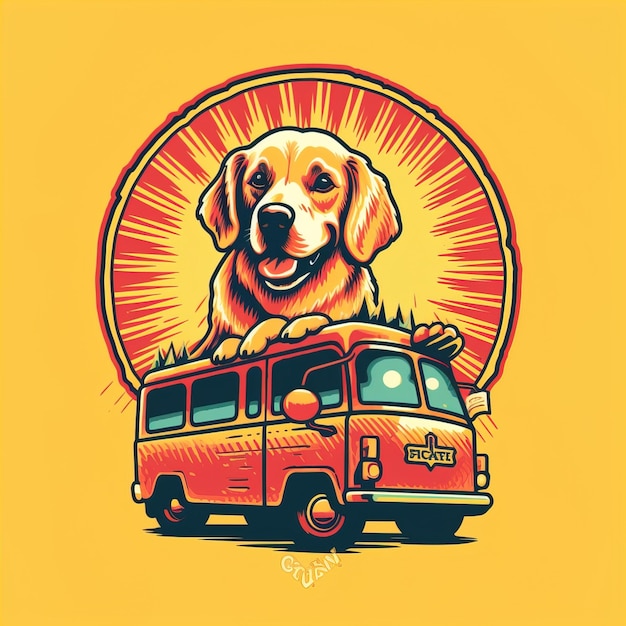a golden retriever driving a hot dog van