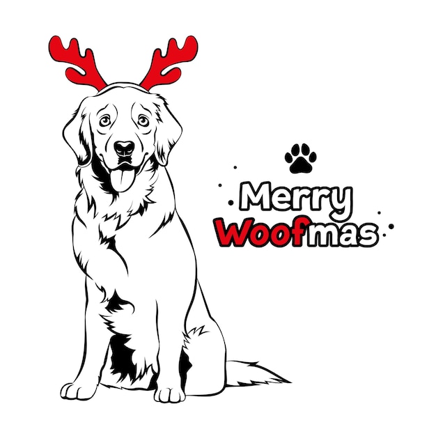 Golden retriever met rood rendiergewei kerstmis labrador hondportret vrolijke woofmas tekst