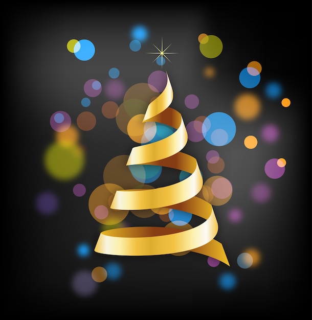 ディスコの背景に金色のリボンのクリスマスツリー。グリーティングカード、バナーまたはポスターの背景