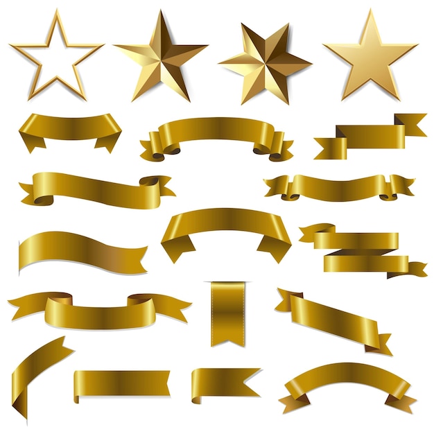 Vector golden ribbons and stars set with gradient mesh.