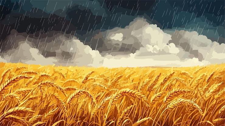 Vector golden ripe wheat spikelets in dramatic field