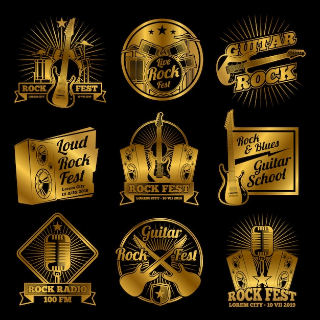 Golden rock and roll musica etichette vettoriali, badge, set di emblemi