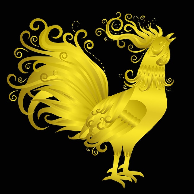 Vector golden rooster on black background fire rooster crowing symbol of new year 2017 chinese zodiac sign flourish weave design vector decorative flame bird fiery cock isolated on white background