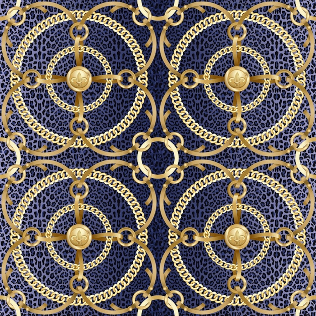 テキスタイルプリントの青いヒョウの背景に金色の丸いチェーンとリボンのシームレスなパターン