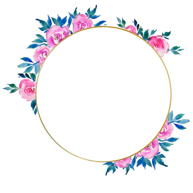 Golden round frame with pink roses floral design wedding monogram watercolor