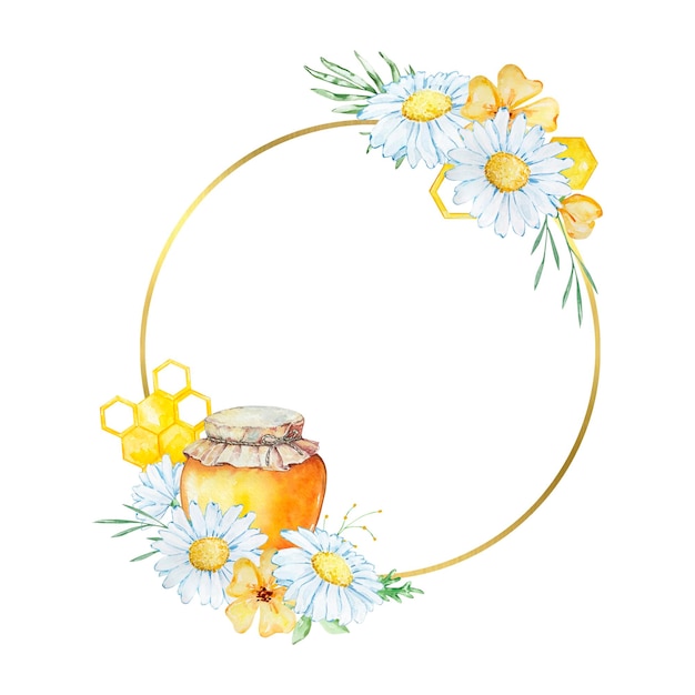 Golden round frame with watercolor daisies and honey