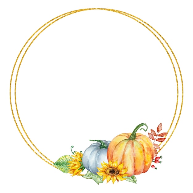 Golden round frame with watercolor pumpkins sunflowers and leaves